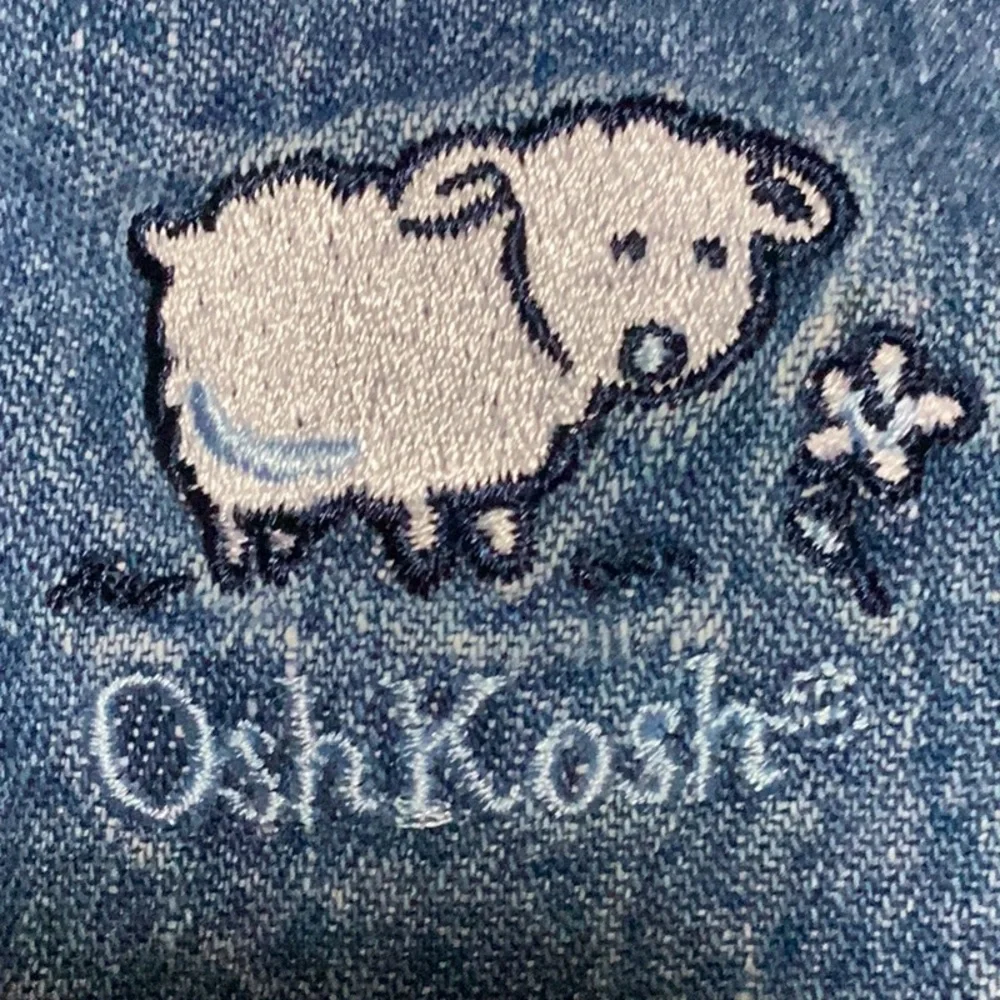 Vintage OshKosh B’Gosh Embroidered‎ Lamb Alphabet Blue Jean Denim Dress Jumper